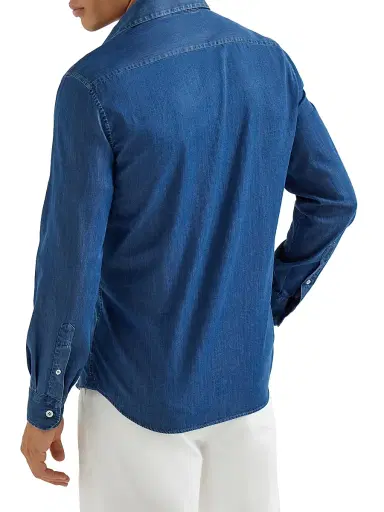 Brunello Cucinelli Men's Lightweight Denim Easy Fit Shirt with Chest Pockets - Dark Denim - Size Medium | Thumbnail 3