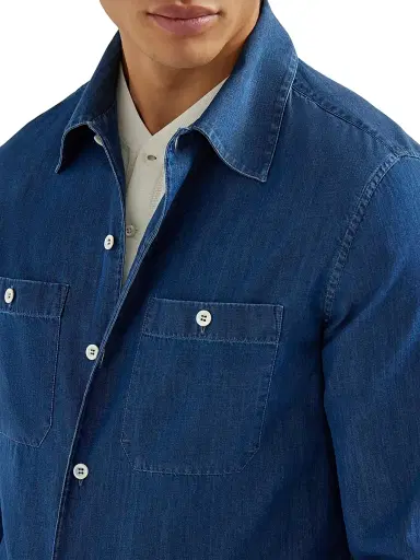 Brunello Cucinelli Men's Lightweight Denim Easy Fit Shirt with Chest Pockets - Dark Denim - Size Medium | Thumbnail 4