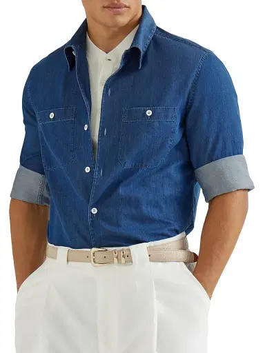 Brunello Cucinelli Men's Lightweight Denim Easy Fit Shirt with Chest Pockets - Dark Denim - Size Medium | Thumbnail 5