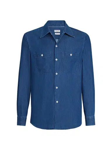 Brunello Cucinelli Men's Lightweight Denim Easy Fit Shirt with Chest Pockets - Dark Denim - Size Medium | Thumbnail 1