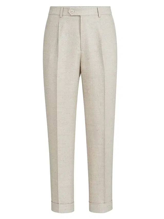 Brunello Cucinelli Men's Silk, Linen and Wool Hopsack Pleated Trousers - Sand