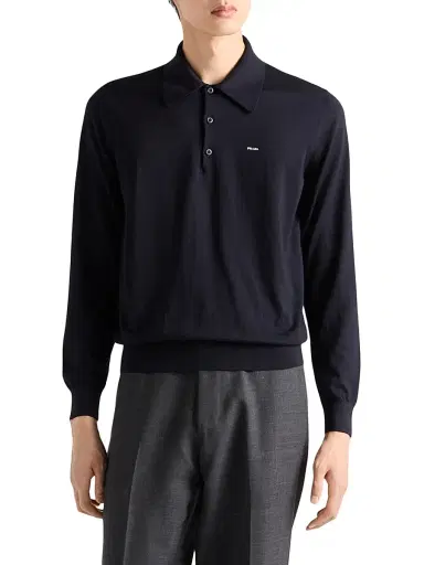 Prada Men's Worsted Wool Polo Shirt - Blue - Size 48 | Thumbnail 2