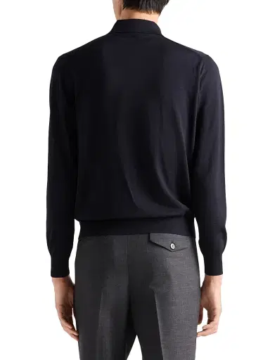 Prada Men's Worsted Wool Polo Shirt - Blue - Size 48 | Thumbnail 3