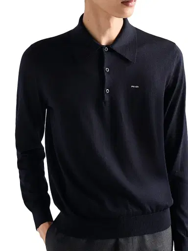 Prada Men's Worsted Wool Polo Shirt - Blue - Size 48 | Thumbnail 4