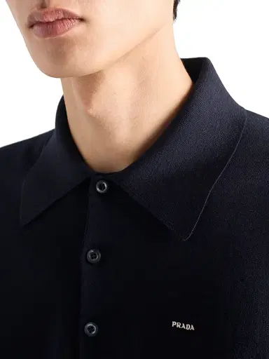 Prada Men's Worsted Wool Polo Shirt - Blue - Size 48 | Thumbnail 5