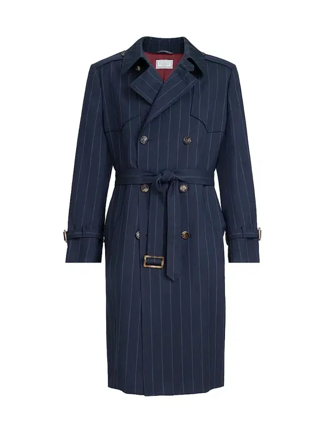 Brunello Cucinelli Men's Virgin Wool and Linen Chalk Stripe Trenchcoat - Blue