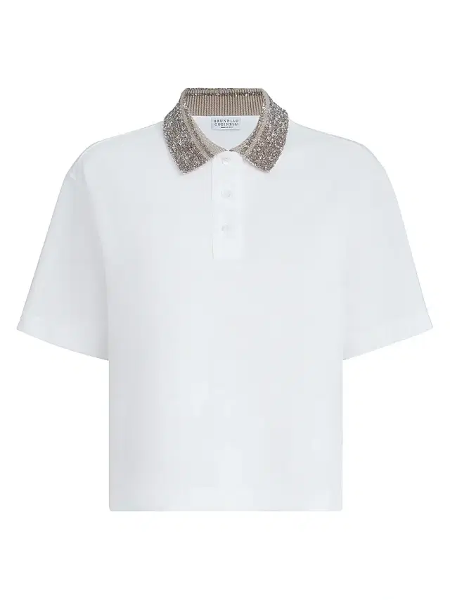 Brunello Cucinelli Women's Cotton Jersey Polo Shirt with Dazzling Knit Collar - White
