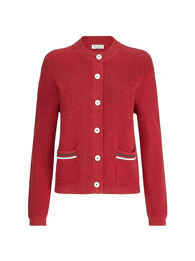 Brunello Cucinelli Women's Cotton Ribbed Cardigan with Shiny Pocket Details - Ruby