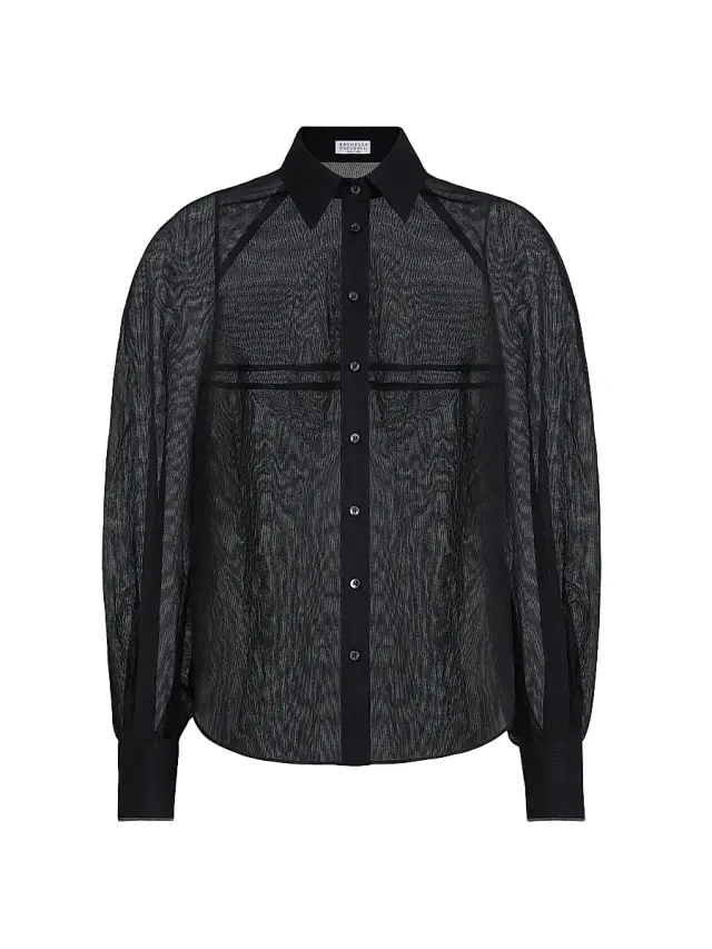 Brunello Cucinelli Women's Striped Cotton Organza Shirt with Monili - Black