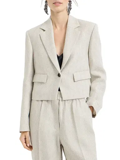 Brunello Cucinelli Women's Linen and Cotton Chevron Cropped Blazer with Monili | Thumbnail 2 Brunello Cucinelli Women's Linen and Cotton Chevron Cropped Blazer with Monili | Thumbnail 2