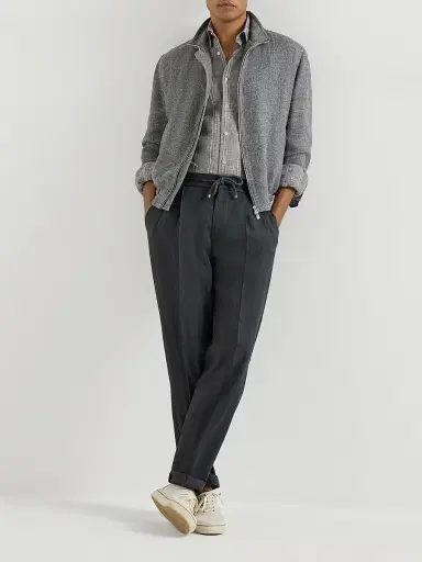 Brunello Cucinelli Men's Silk, Linen and Wool Hopsack Outerwear Jacket with Stand Collar | Thumbnail 6