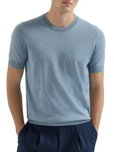 Brunello Cucinelli Men's Cotton Lightweight Knit T-Shirt with Contrast Details - Slate | Thumbnail 2 Brunello Cucinelli Men's Cotton Lightweight Knit T-Shirt with Contrast Details - Slate | Thumbnail 2