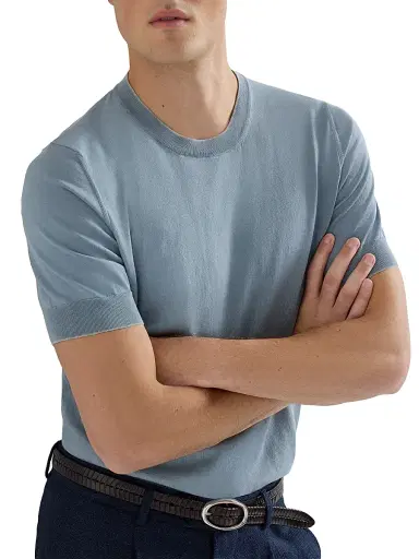 Brunello Cucinelli Men's Cotton Lightweight Knit T-Shirt with Contrast Details - Slate | Thumbnail 4 Brunello Cucinelli Men's Cotton Lightweight Knit T-Shirt with Contrast Details - Slate | Thumbnail 4