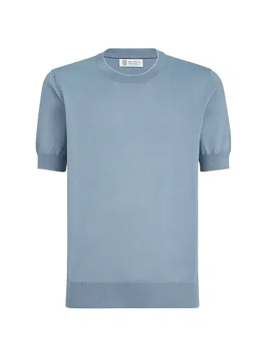 Brunello Cucinelli Men's Cotton Lightweight Knit T-Shirt with Contrast Details - Slate | Thumbnail 1 Brunello Cucinelli Men's Cotton Lightweight Knit T-Shirt with Contrast Details - Slate | Thumbnail 1