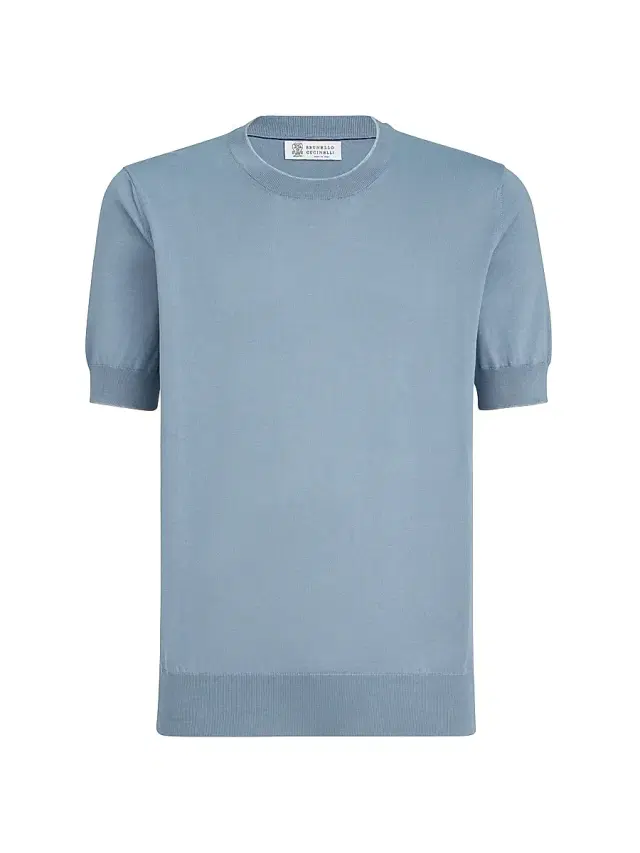 Brunello Cucinelli Men's Cotton Lightweight Knit T-Shirt with Contrast Details - Slate