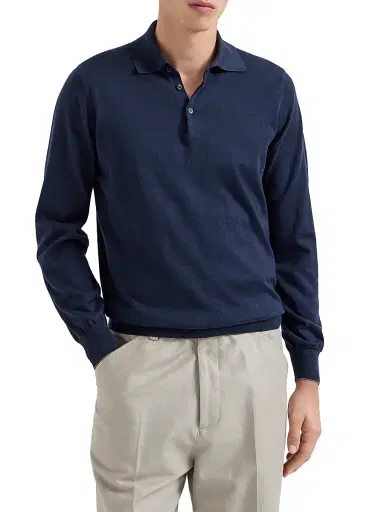 Brunello Cucinelli Men's Cotton Lightweight Knit Polo Shirt - Navy Blue | Thumbnail 2 Brunello Cucinelli Men's Cotton Lightweight Knit Polo Shirt - Navy Blue | Thumbnail 2