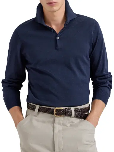 Brunello Cucinelli Men's Cotton Lightweight Knit Polo Shirt - Navy Blue | Thumbnail 5 Brunello Cucinelli Men's Cotton Lightweight Knit Polo Shirt - Navy Blue | Thumbnail 5