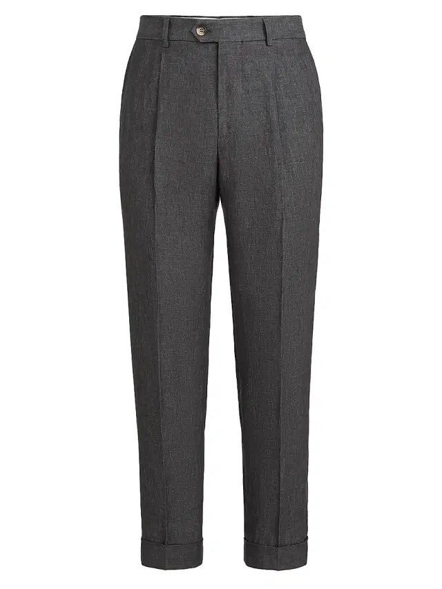 Brunello Cucinelli Men's Délavé Linen Trousers with Pleats - Anthracite