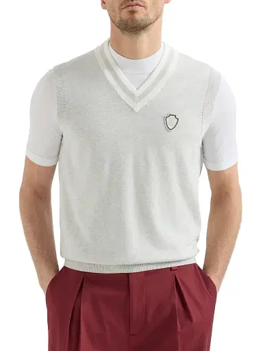 Brunello Cucinelli Men's Cotton Knit Vest with Logo - Fog | Thumbnail 2