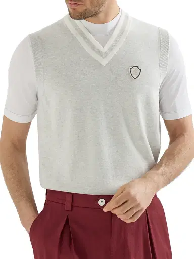 Brunello Cucinelli Men's Cotton Knit Vest with Logo - Fog | Thumbnail 4