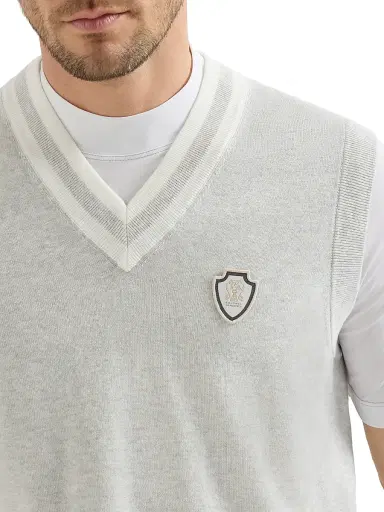 Brunello Cucinelli Men's Cotton Knit Vest with Logo - Fog | Thumbnail 5