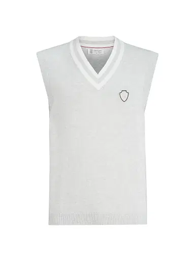 Brunello Cucinelli Men's Cotton Knit Vest with Logo - Fog | Thumbnail 1