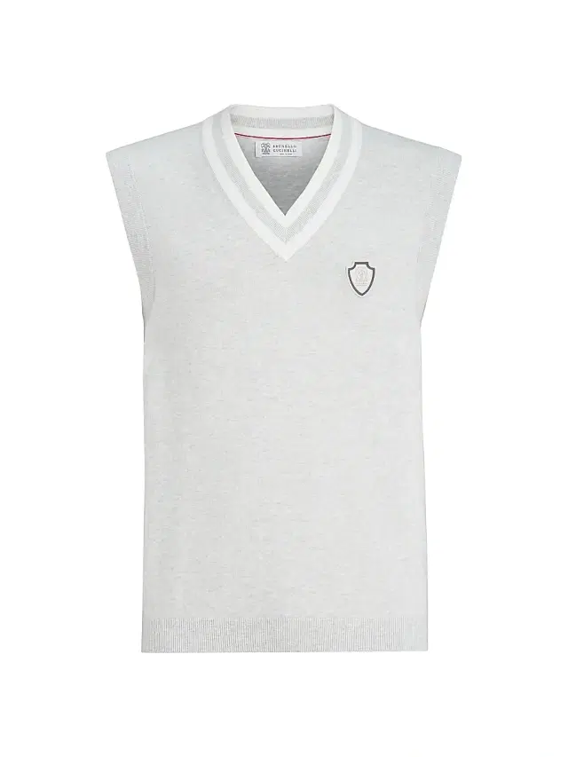 Brunello Cucinelli Men's Cotton Knit Vest with Logo - Fog