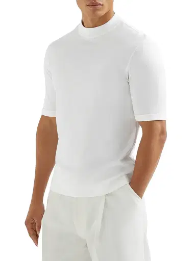 Brunello Cucinelli Men's Cotton Jersey Mock-Neck T-Shirt - Off White | Thumbnail 2 Brunello Cucinelli Men's Cotton Jersey Mock-Neck T-Shirt - Off White | Thumbnail 2