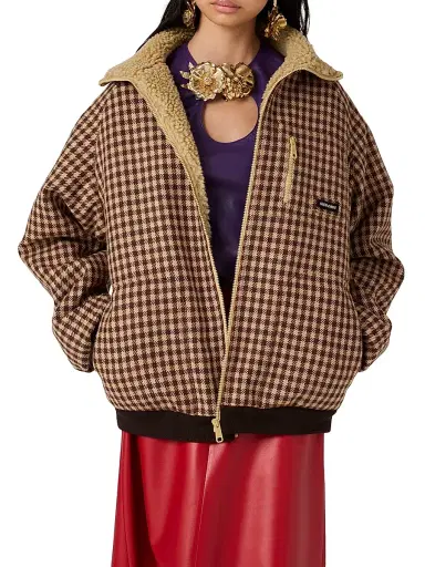 Miu Miu Women's Fleece-Lined Checked Blouson Jacket - Brown - Size 0 | Thumbnail 2