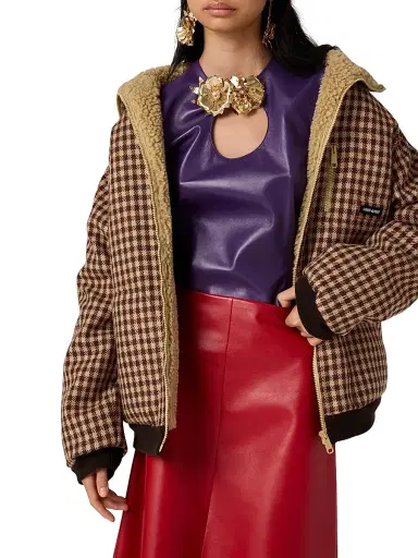 Miu Miu Women's Fleece-Lined Checked Blouson Jacket - Brown - Size 0 | Thumbnail 5