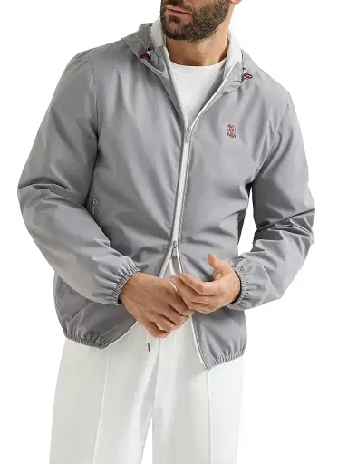 Brunello Cucinelli Men's Bonded Nylon Hooded Outerwear Jacket with Logo | Thumbnail 2