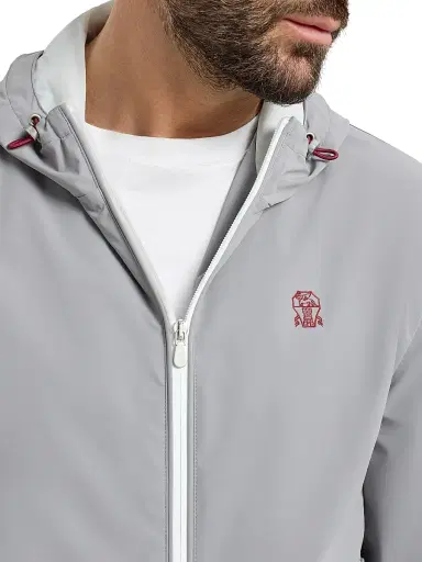 Brunello Cucinelli Men's Bonded Nylon Hooded Outerwear Jacket with Logo | Thumbnail 4