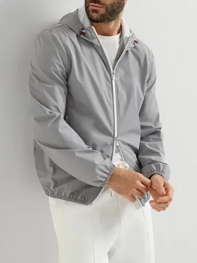 Brunello Cucinelli Men's Bonded Nylon Hooded Outerwear Jacket with Logo | Thumbnail 5