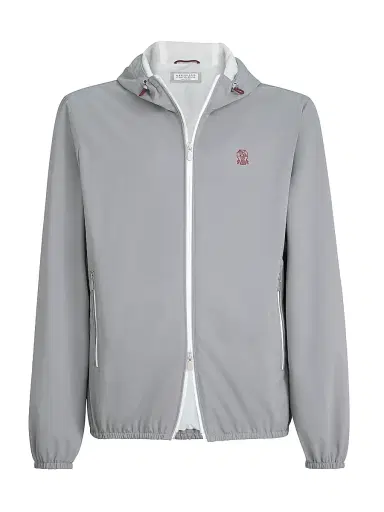 Brunello Cucinelli Men's Bonded Nylon Hooded Outerwear Jacket with Logo | Thumbnail 1