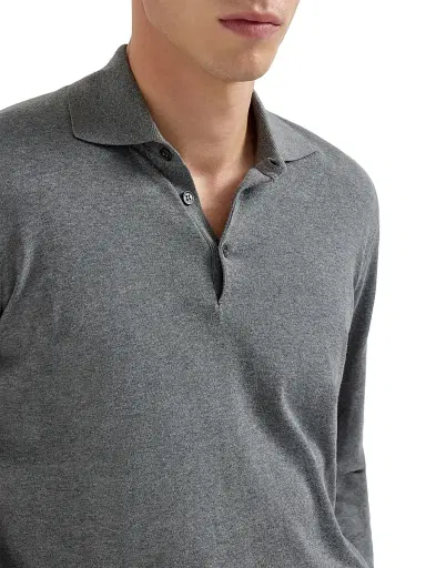 Brunello Cucinelli Men's Cotton Lightweight Knit Polo Shirt - Dark Grey | Thumbnail 4 Brunello Cucinelli Men's Cotton Lightweight Knit Polo Shirt - Dark Grey | Thumbnail 4
