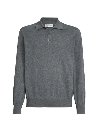 Brunello Cucinelli Men's Cotton Lightweight Knit Polo Shirt - Dark Grey | Thumbnail 1 Brunello Cucinelli Men's Cotton Lightweight Knit Polo Shirt - Dark Grey | Thumbnail 1