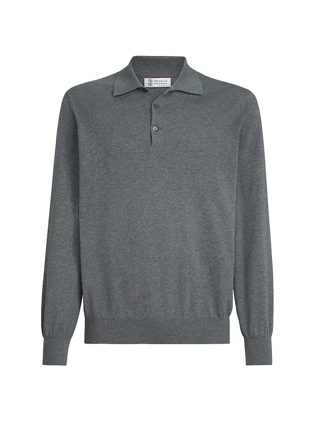 Brunello Cucinelli Men's Cotton Lightweight Knit Polo Shirt - Dark Grey