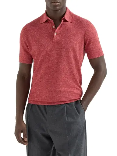 Brunello Cucinelli Men's Linen and Cotton Knit Polo Shirt | Thumbnail 2