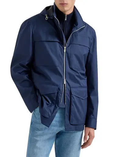 Brunello Cucinelli Men's Bonded Silk and Virgin Wool Safari Jacket - Blue | Thumbnail 2