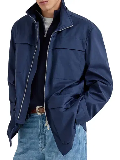 Brunello Cucinelli Men's Bonded Silk and Virgin Wool Safari Jacket - Blue | Thumbnail 5