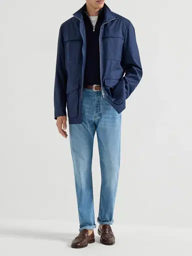 Brunello Cucinelli Men's Bonded Silk and Virgin Wool Safari Jacket - Blue | Thumbnail 6