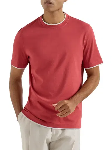 Brunello Cucinelli Men's Cotton Jersey Crew-Neck T-Shirt with Faux Layering - Strawberry | Thumbnail 2