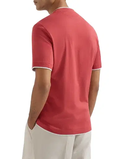 Brunello Cucinelli Men's Cotton Jersey Crew-Neck T-Shirt with Faux Layering - Strawberry | Thumbnail 3