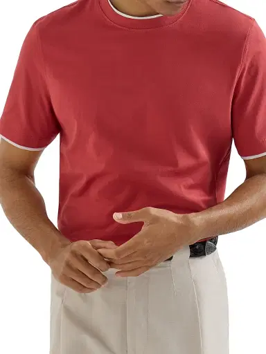 Brunello Cucinelli Men's Cotton Jersey Crew-Neck T-Shirt with Faux Layering - Strawberry | Thumbnail 5