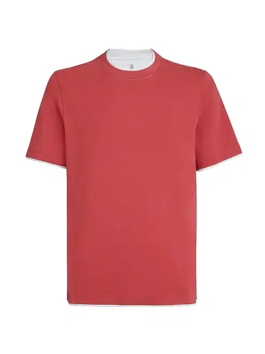 Brunello Cucinelli Men's Cotton Jersey Crew-Neck T-Shirt with Faux Layering - Strawberry | Thumbnail 1