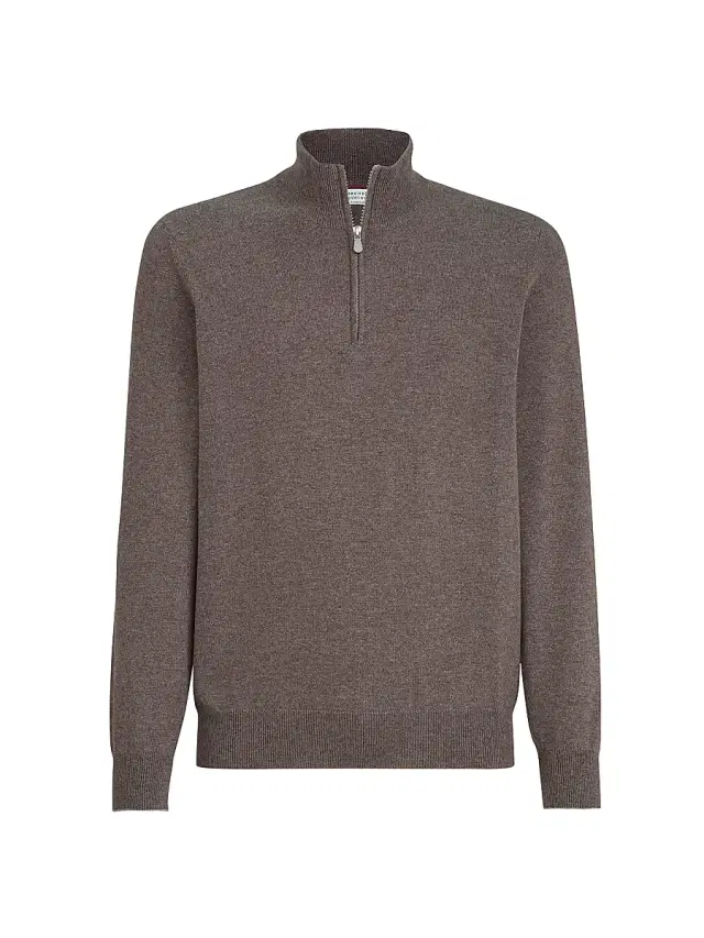 Brunello Cucinelli Men's Cashmere Sweater with Half Zip - Brown
