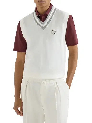Brunello Cucinelli Men's Cotton Knit Vest with Logo - Panama | Thumbnail 2
