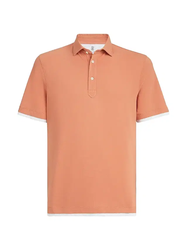 Brunello Cucinelli Men's Cotton Piqué Shirt Style Collar Polo with Faux Layering
