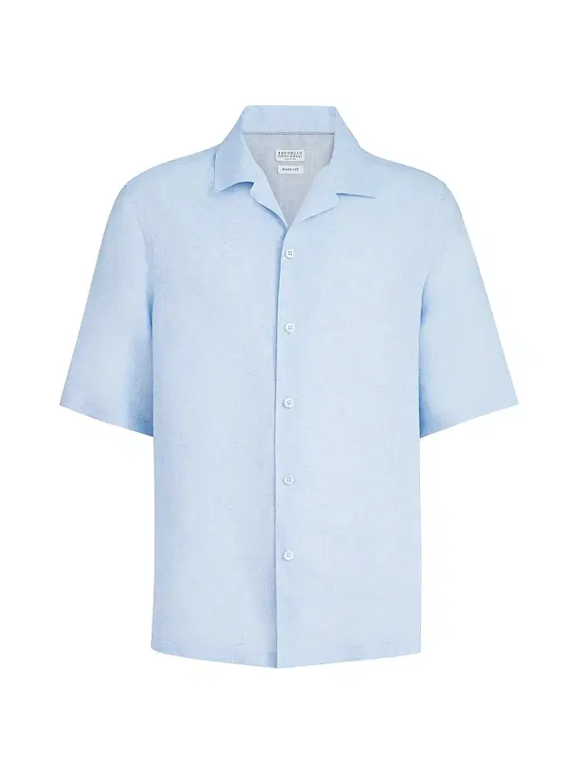Brunello Cucinelli Men's Linen Easy Fit Short Sleeve Shirt with Camp Collar - Azure