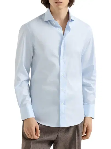 Brunello Cucinelli Men's Twill Slim Fit Shirt with Spread Collar - Azure | Thumbnail 2